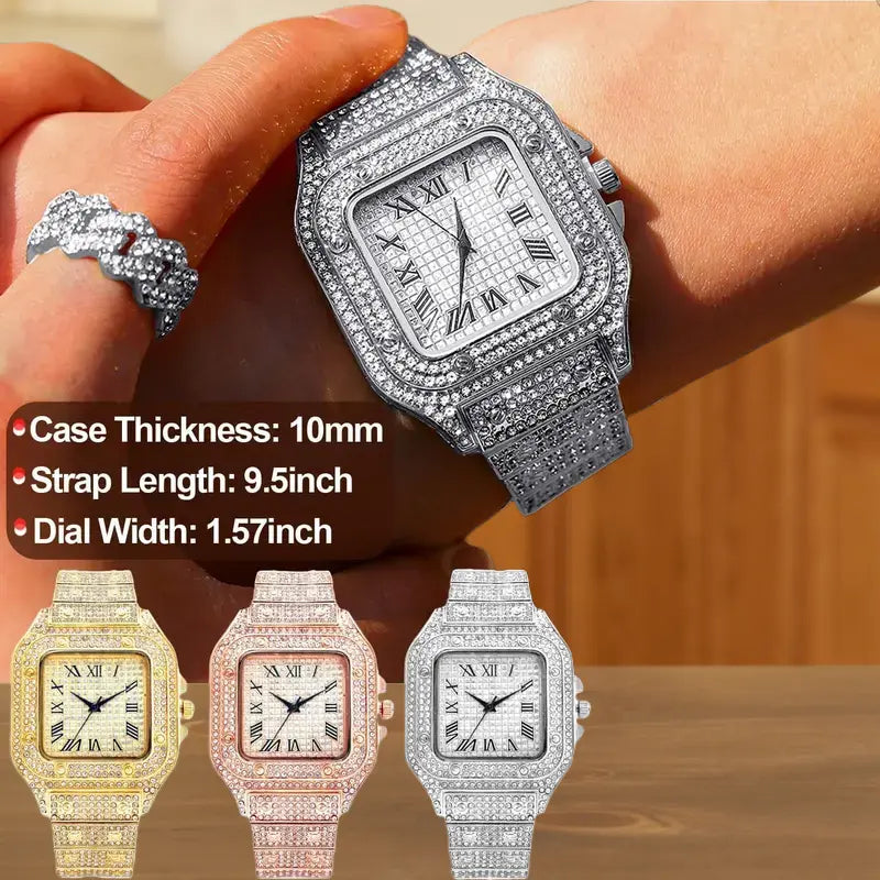 AIMANA Stylish Full-Diamond Square Watch – Sparkling crystal design, Roman numeral dial