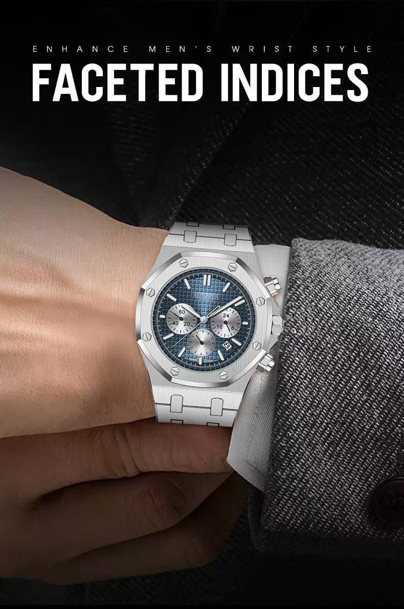 AIMANA Men’s Chronograph Watch – Square Premium Steel Case, Luminous Dial, Water & Scratch Resistant, with 3 Sub-Dials and Precision Control Buttons.