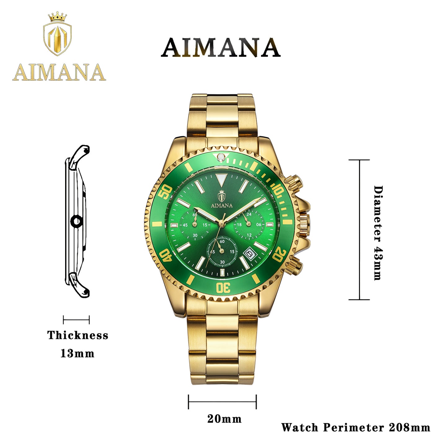 AIMANA Luxury Men’s Gold Chronograph Watch, Stainless Steel Quartz Wristwatch with Luminous Hands, Multi-Function Dial and Date Display, Water-Resistant Sports Watch, Ideal Gift for Him