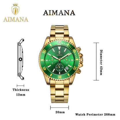 AIMANA Luxury Men’s Gold Chronograph Watch, Stainless Steel Quartz Wristwatch with Luminous Hands, Multi-Function Dial and Date Display, Water-Resistant Sports Watch, Ideal Gift for Him