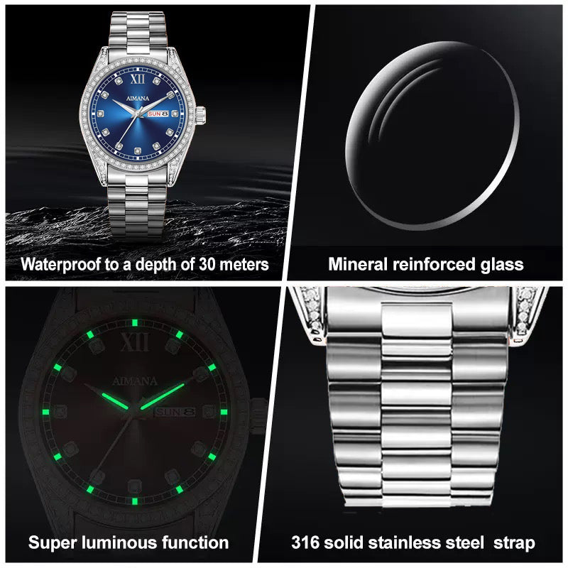 AIMANA Men’s Business Fashion Quartz Watch – Featuring a Full-Diamond Round Dial, Available in Three Colors, with Luminous Display, Water Resistance, and Date Function. A Trendy, Versatile, and Exquisite Timepiece.