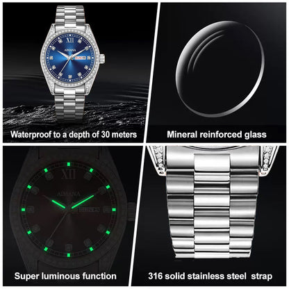 AIMANA Men’s Business Fashion Quartz Watch – Featuring a Full-Diamond Round Dial, Available in Three Colors, with Luminous Display, Water Resistance, and Date Function. A Trendy, Versatile, and Exquisite Timepiece.