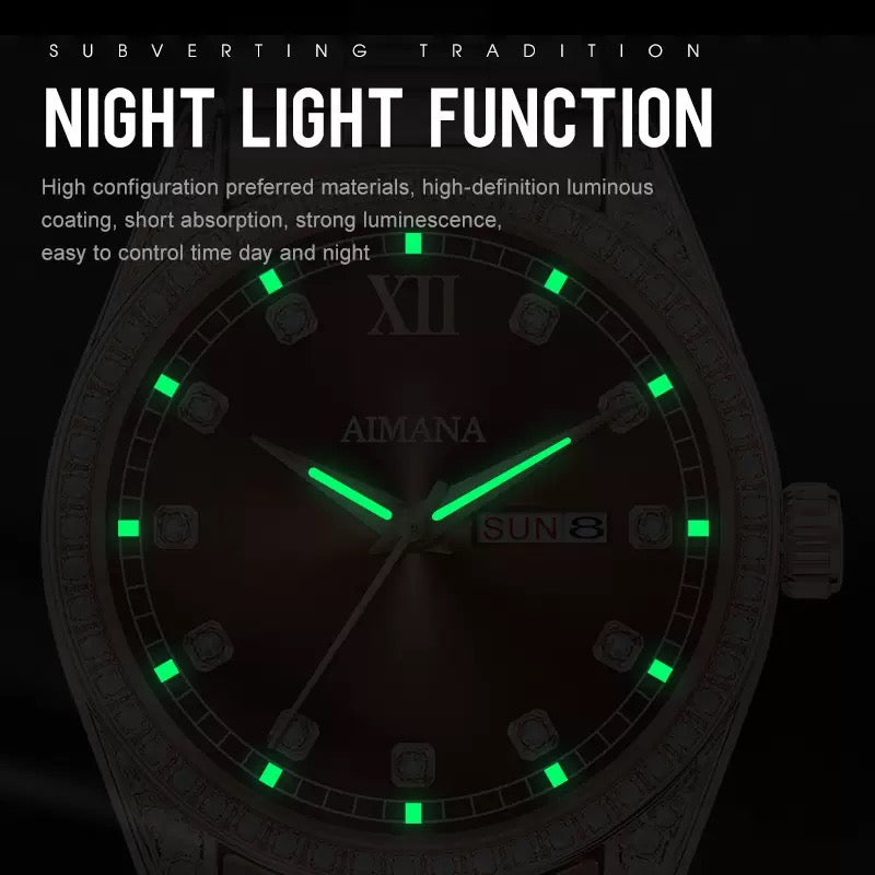 AIMANA Men’s Business Fashion Quartz Watch – Featuring a Full-Diamond Round Dial, Available in Three Colors, with Luminous Display, Water Resistance, and Date Function. A Trendy, Versatile, and Exquisite Timepiece.