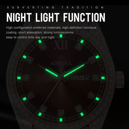 AIMANA Men’s Business Fashion Quartz Watch – Featuring a Full-Diamond Round Dial, Available in Three Colors, with Luminous Display, Water Resistance, and Date Function. A Trendy, Versatile, and Exquisite Timepiece.