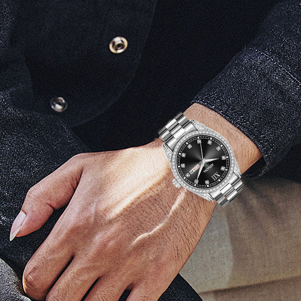 AIMANA Men’s Business Fashion Quartz Watch – Featuring a Full-Diamond Round Dial, Available in Three Colors, with Luminous Display, Water Resistance, and Date Function. A Trendy, Versatile, and Exquisite Timepiece.