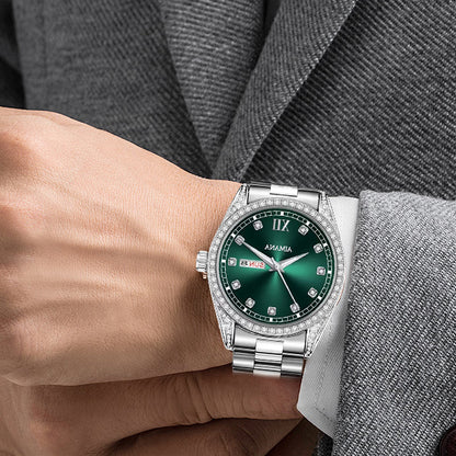 AIMANA Men’s Business Fashion Quartz Watch – Featuring a Full-Diamond Round Dial, Available in Three Colors, with Luminous Display, Water Resistance, and Date Function. A Trendy, Versatile, and Exquisite Timepiece.