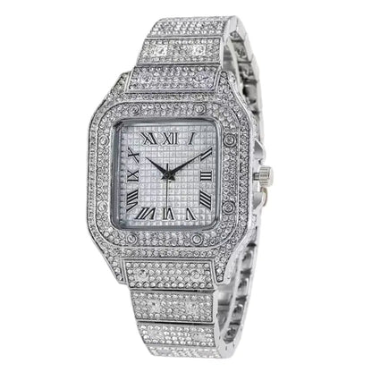 AIMANA Stylish Full-Diamond Square Watch – Sparkling crystal design, Roman numeral dial