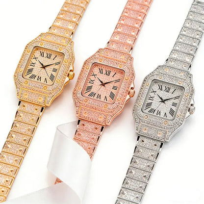 AIMANA Stylish Full-Diamond Square Watch – Sparkling crystal design, Roman numeral dial