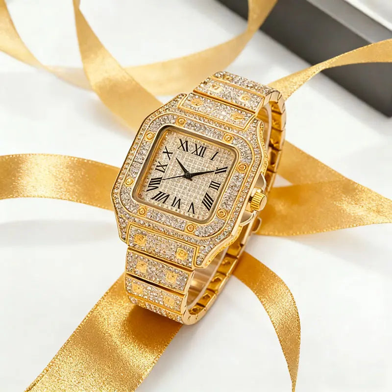 AIMANA Stylish Full-Diamond Square Watch – Sparkling crystal design, Roman numeral dial