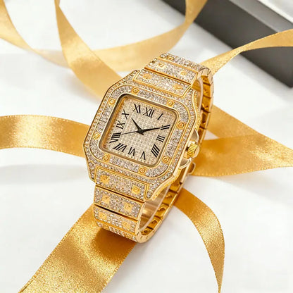 AIMANA Stylish Full-Diamond Square Watch – Sparkling crystal design, Roman numeral dial