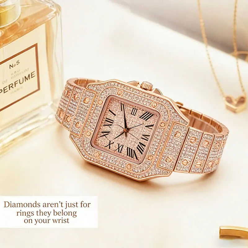 AIMANA Stylish Full-Diamond Square Watch – Sparkling crystal design, Roman numeral dial