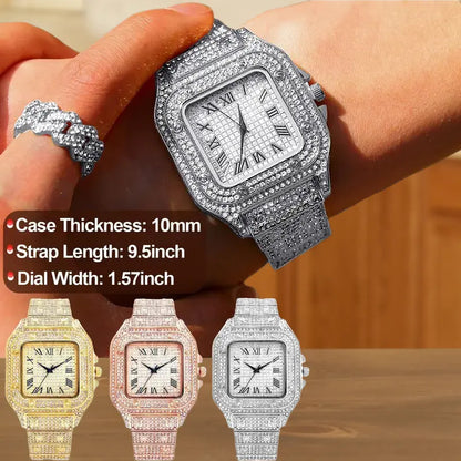 AIMANA Stylish Full-Diamond Square Watch – Sparkling crystal design, Roman numeral dial