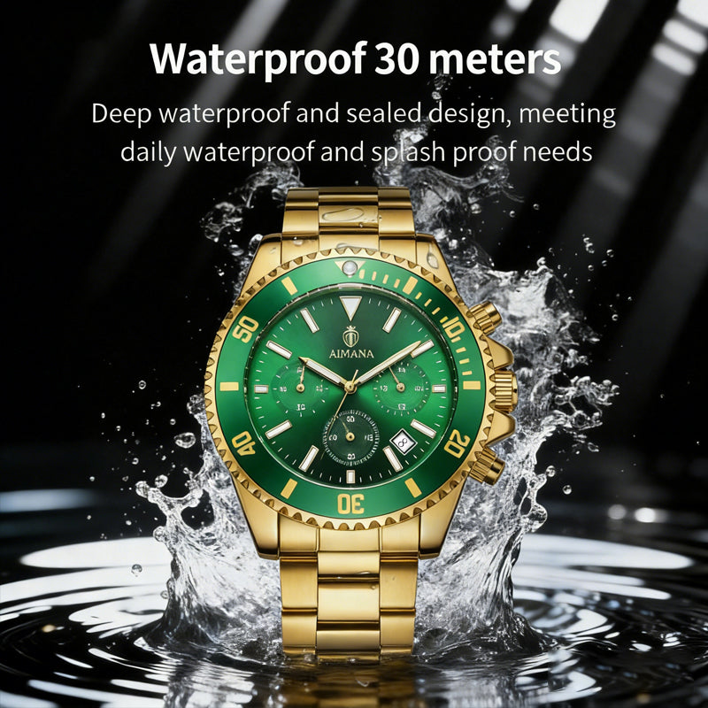 AIMANA Luxury Men’s Gold Chronograph Watch, Stainless Steel Quartz Wristwatch with Luminous Hands, Multi-Function Dial and Date Display, Water-Resistant Sports Watch, Ideal Gift for Him