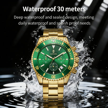 AIMANA Luxury Men’s Gold Chronograph Watch, Stainless Steel Quartz Wristwatch with Luminous Hands, Multi-Function Dial and Date Display, Water-Resistant Sports Watch, Ideal Gift for Him